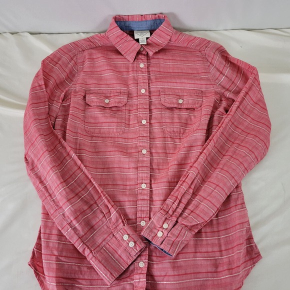 St. John's Bay Womens Shirt Small Top Pink Red Striped Long Sleeve Button Down - Picture 3 of 11